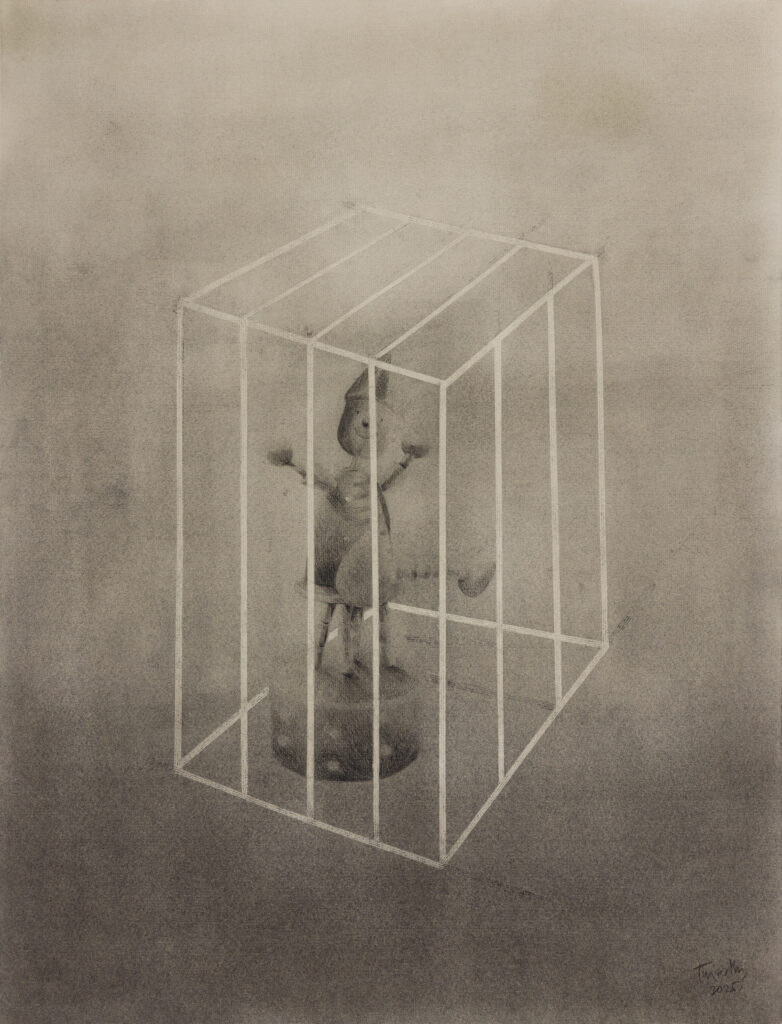 thisath thoradeniya, 2025, bars of fear v, charcoal and graphite on archival paper, 63 x 49 cm