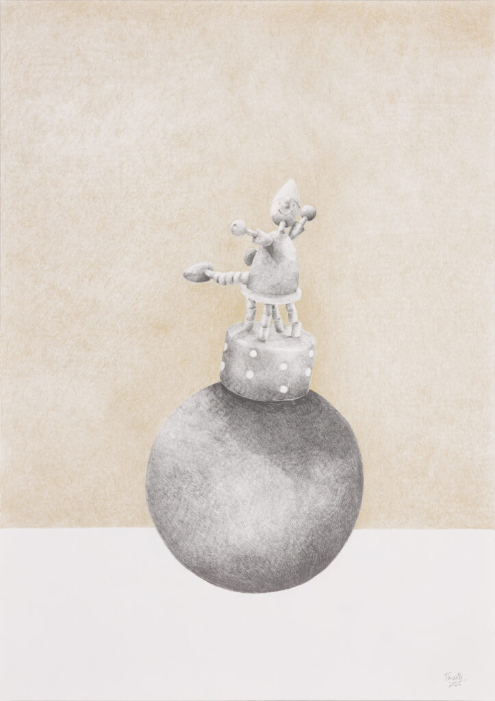 thisath thoradeniya, 2025, hold on tight, during the ride iv, graphite and pencil color on paper, 59 x 42cm